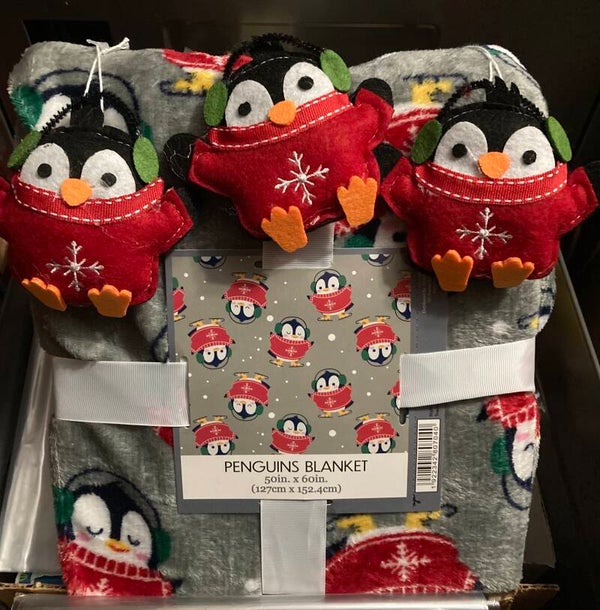 Penguin Lovers Cuddle Bundle - Trio of Penguin Ornaments & Throw Blanket