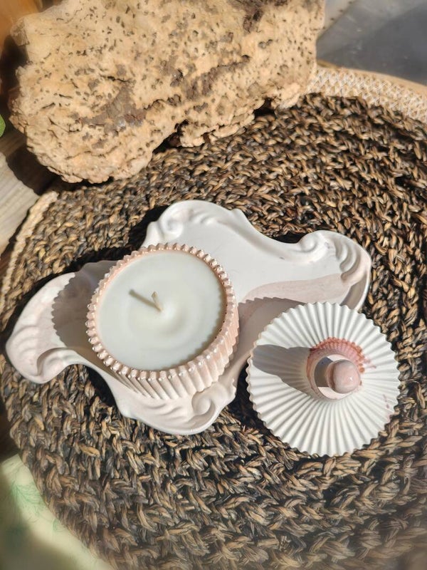 Bonbonnière bougie parfum Fleur de cerisier et son plateau en Jesmonite