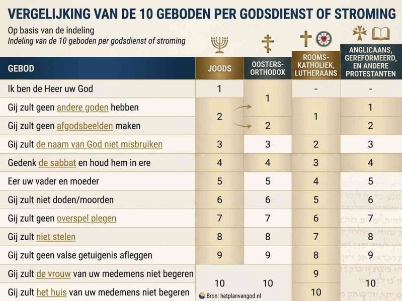 De vier godsdiensten met de 10 geboden. 