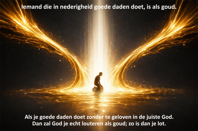 Als je goede daden doet zonder te geloven in de juiste God.  Dan zal God je echt louteren als goud; zo is dan je lot.  Iemand die in nederigheid goede daden doet, is als goud.