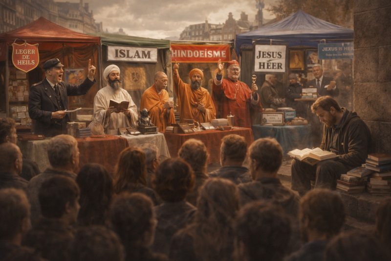 Vraag: komt de waarheid door deze stellingen op de hellingen?  De stellingen worden bewaakt door een predikant of pastoor.  De dominee doet ook mee en heeft een uitgebreid gehoor.