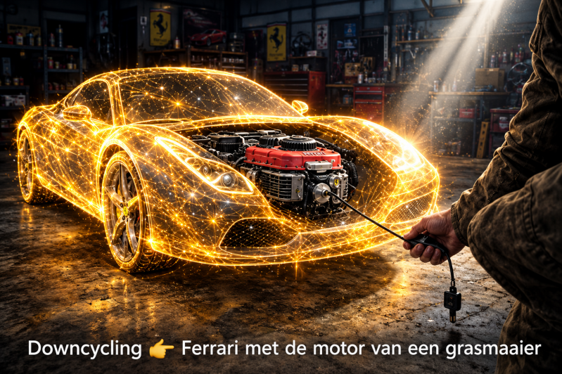 Downcycling, zoals een Ferrari met een grasmaaiermotor 