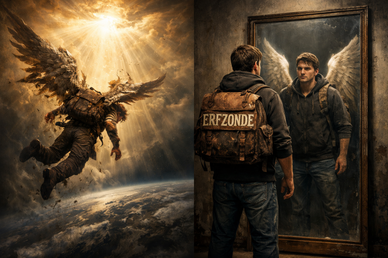 Erfzonde is van hemels afkomst. Veroordeeld om teb stetven als mens, geworpen in de aarde. 