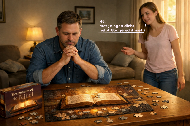 Massaal bidden mensen met de ogen dicht, zo wordt geleerd. Jacobus zegt het duidelijk: ze bidden allemaal hartstikke verkeerd.