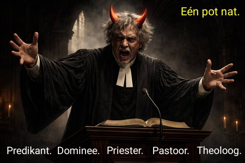Hyperrealistische, duistere afbeelding van een predikant met rode hoorns op een houten kansel. Tekst rechtsboven: ‘Eén pot nat’. Tekst onderin: ‘theoloog, predikant, priester, dominee en pastoor’.