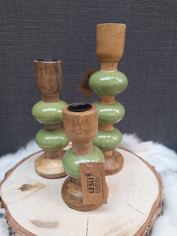 Mango houten kandelaars | Groen | 3 maten