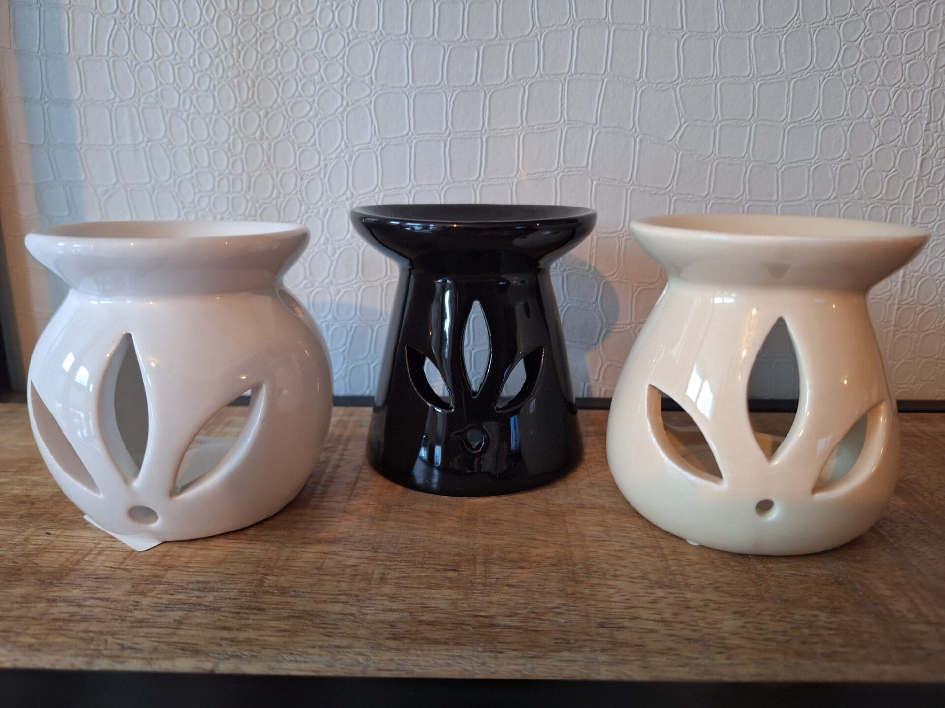 Oliebrander Keramiek 8x8 cm – Zwart, Wit & Crème | Waxmelt Geschikt