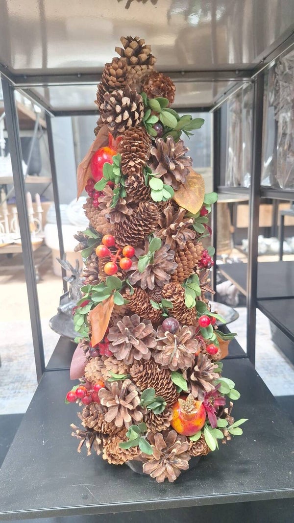 Coon op voet m/bloemen/besjes, rood/oranje, 17x17x45cm