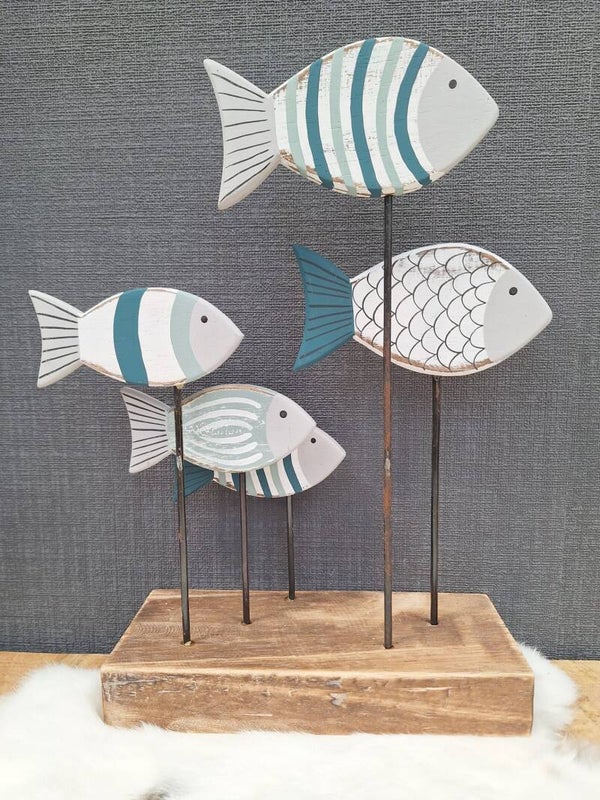 5 Houten Vissen op Voet | Maritieme Decoratie in Zeekleuren