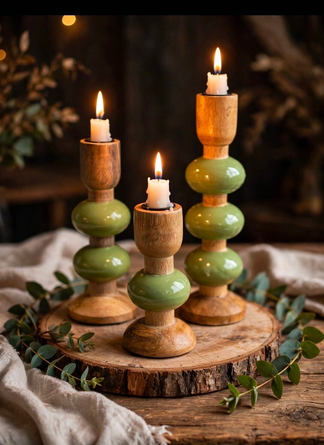 Mango houten kandelaars | Groen | 3 maten