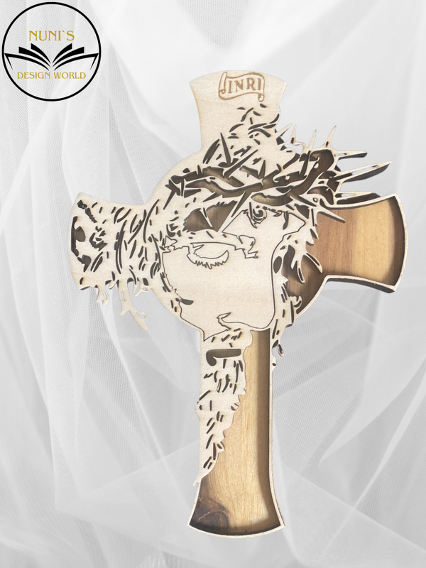 Holzkreuz Jesus Christus 25 cm – Handarbeit aus Akazienholz & Sperrholz | Christliche Deko | Kreuz mit Dornenkrone | Geschenk zur Taufe, Kom