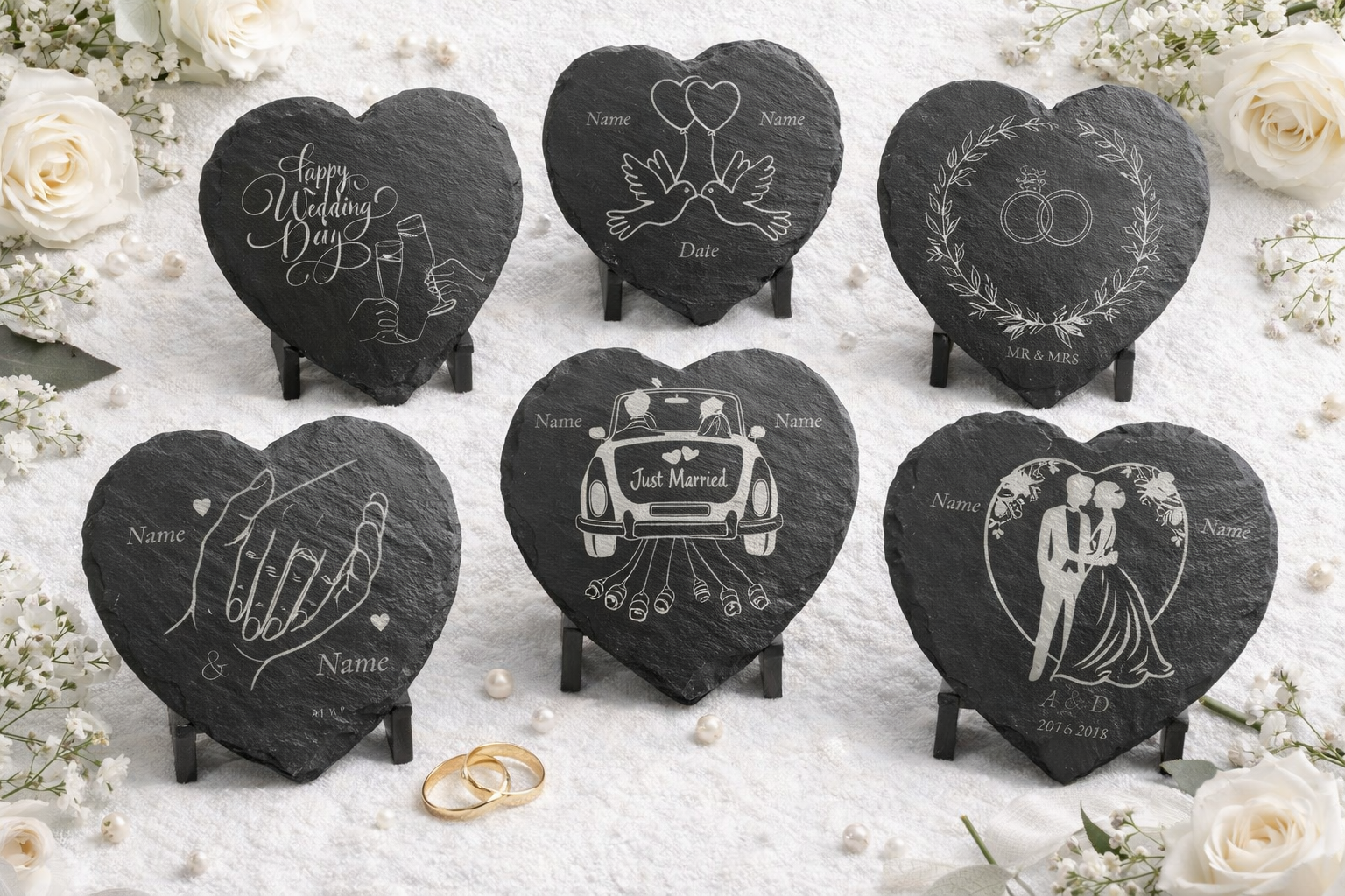 Personalisierte Hochzeits-Untersetzer aus Schiefer – Herzform mit Lasergravur