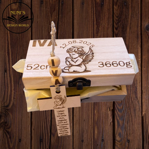Personalisierte Holzbox mit Schutzengel & Kreuz – Geschenk zur Geburt, Taufe, Babygeschenk mit Gravur