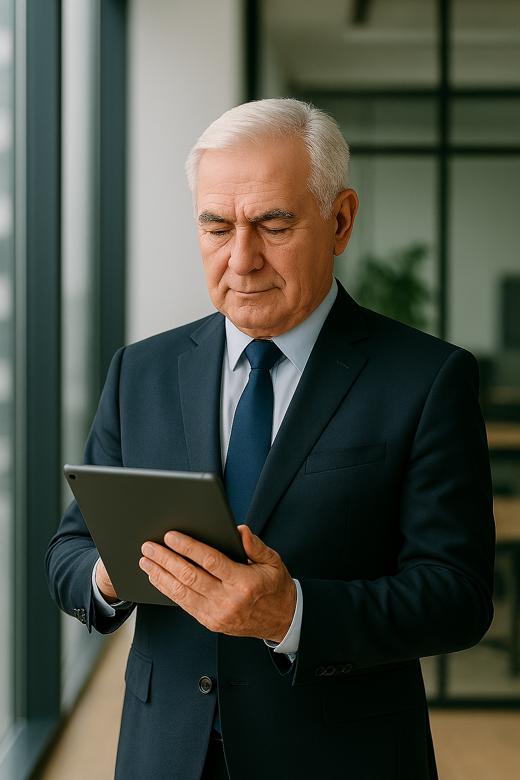 Symbolbild: Ein Senior arbeitet mit einem iPad (mit KI Copilot erstellt)