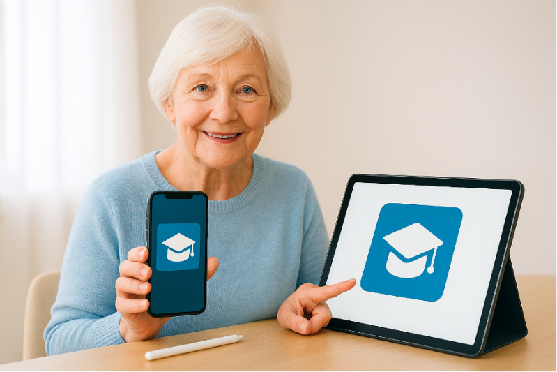 Symbolbild: Seniorin mit Tablet und Smartphone (KI)