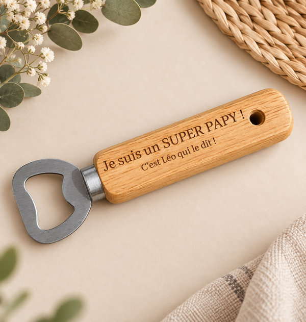 Ouvre-bouteille personnalisé en bois – Message au choix