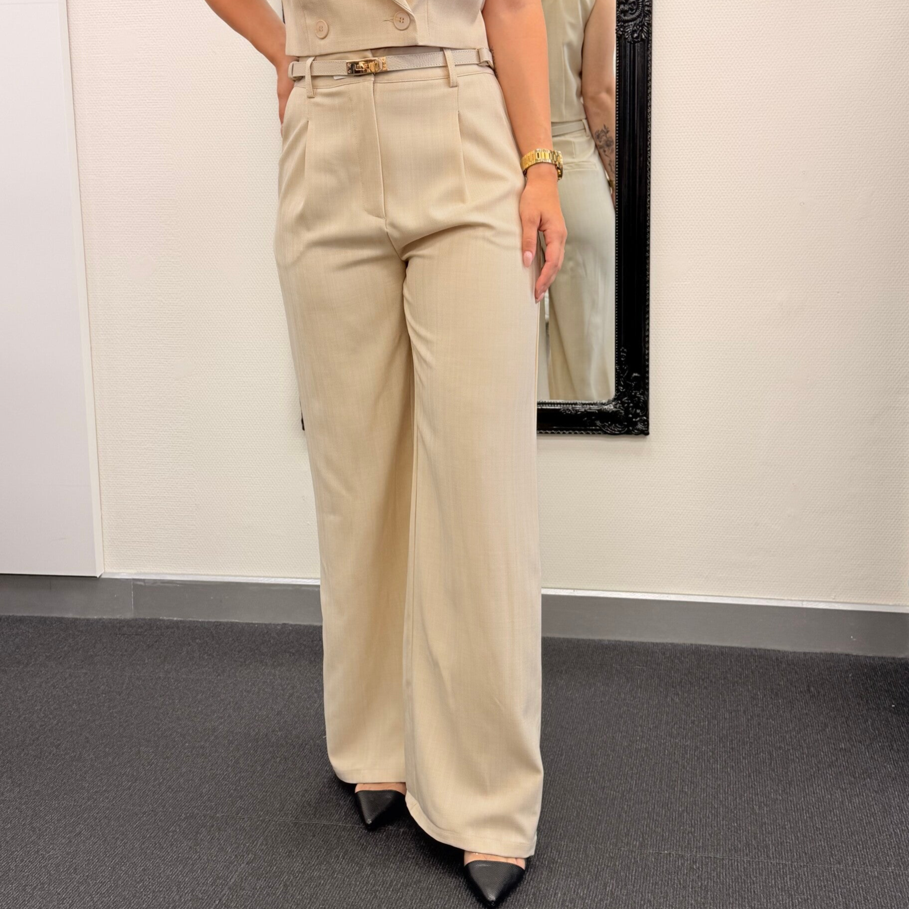 Beige Wide Leg Pantalon