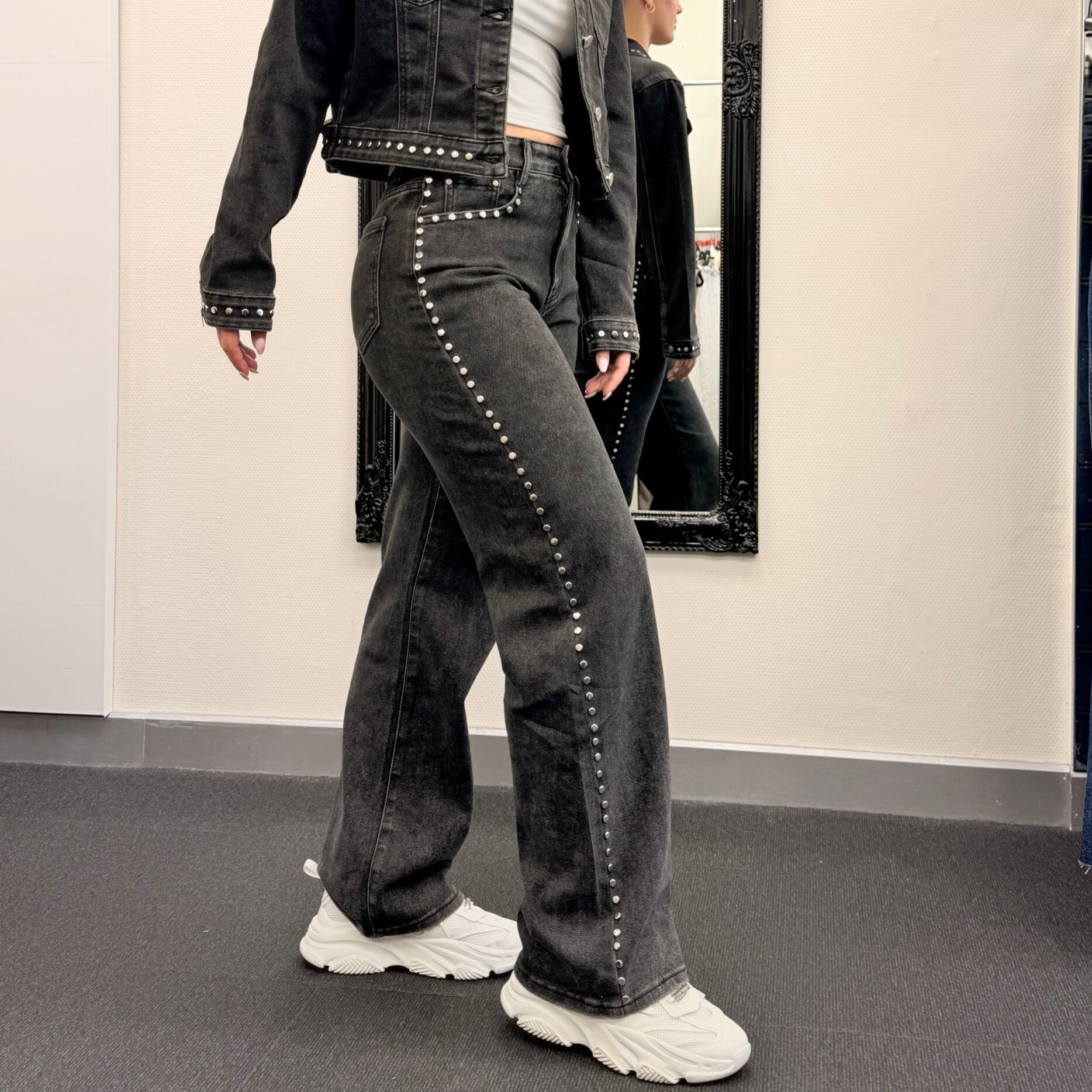 Dark Grey Studded Wide Leg Jeans