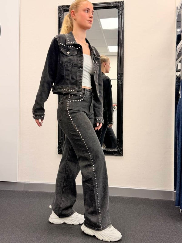 Dark Grey Studded Wide Leg Jeans