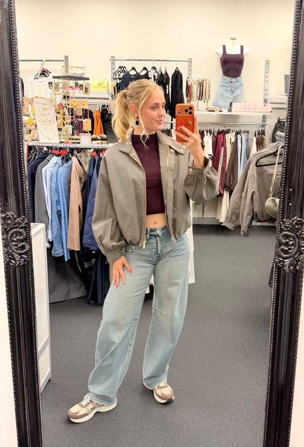 Check Cropped Bomber Jacket
