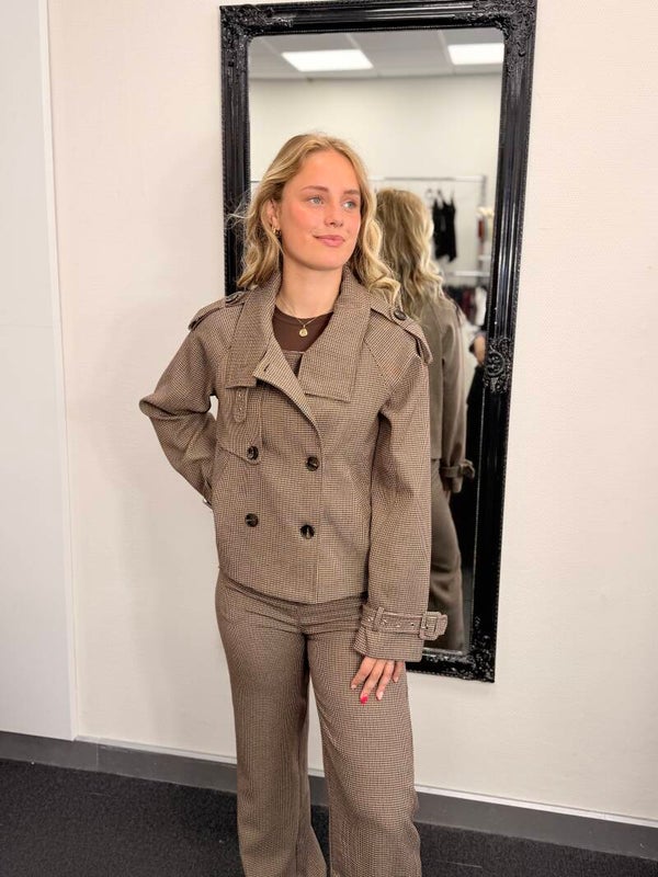 Korte Geruite Trenchcoat Jas – Bruin