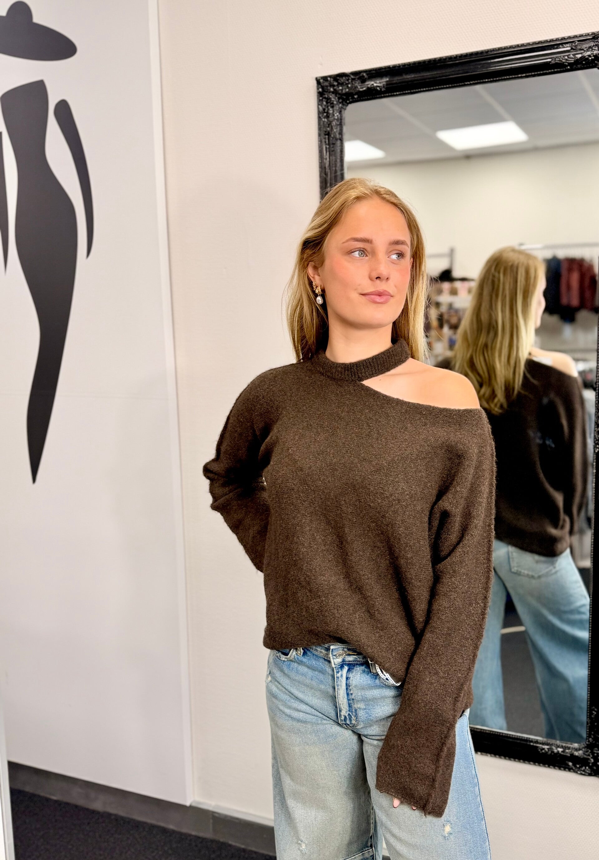 Gebreide One Shoulder Trui – Bruin