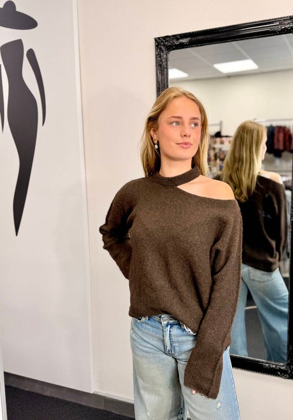 Gebreide One Shoulder Trui – Bruin