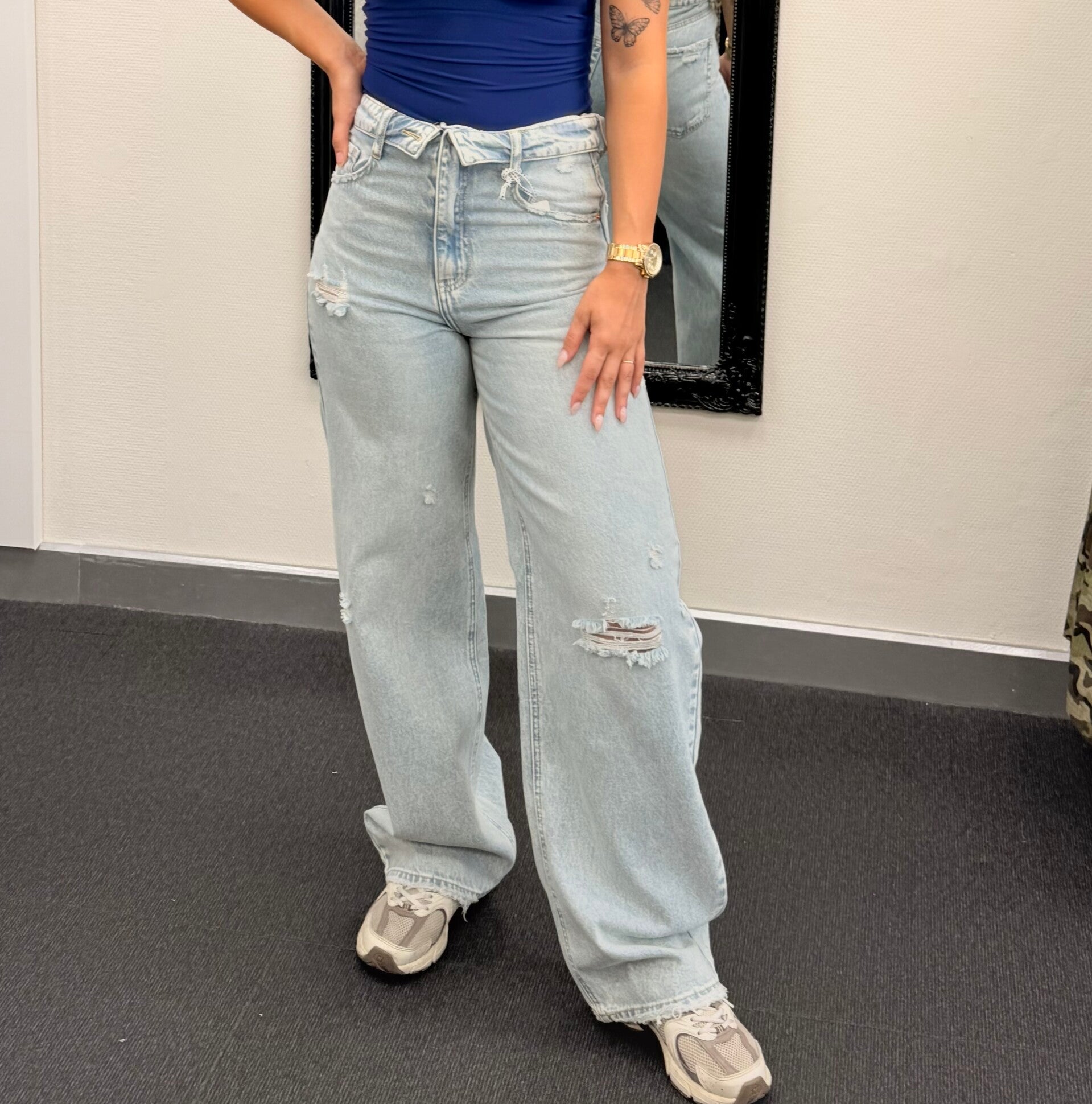 Folded Waist Wide Leg Jeans – blue High Waist Dames Jeans