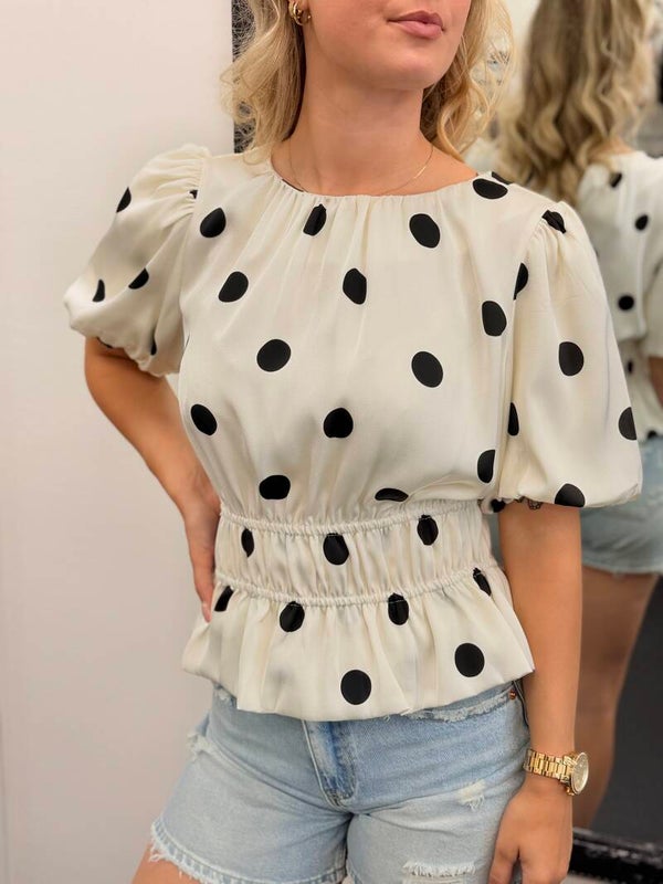 Crème Polka Dot Blouse met Pofmouwen
