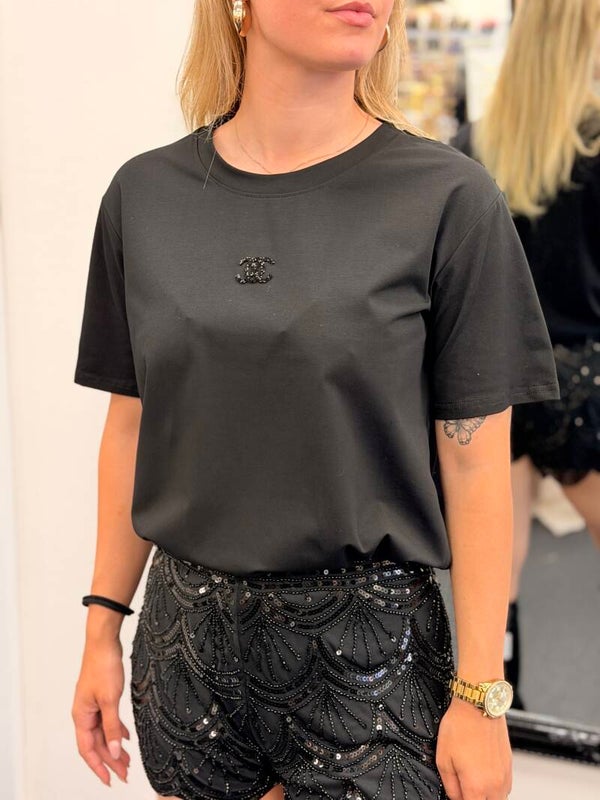 Dames T-shirt zwart met strass detail