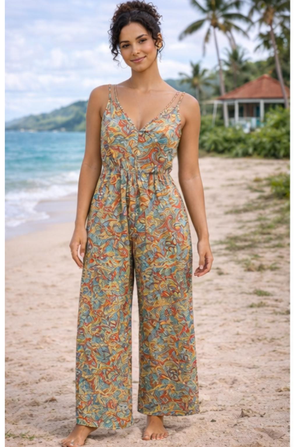 Combinaison longue fluide tropicale – Bretelles fines