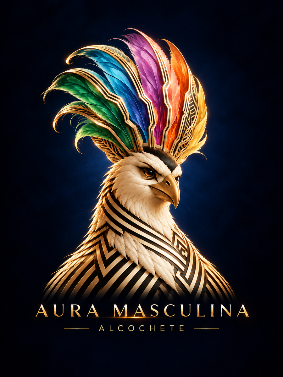 O mascote da Aura Masculina: uma ave de olhar firme, com uma crista de penas verdes, azuis, roxas, laranja e douradas e o peito em padrões dourados e pretos