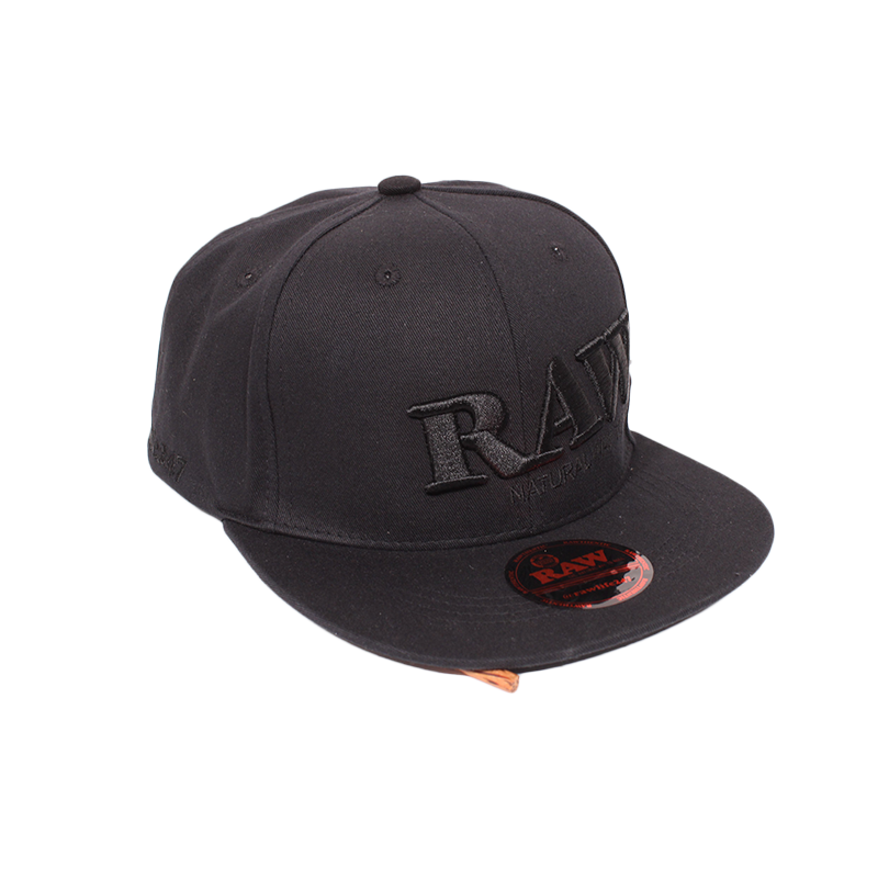 RAW FLAT BILL SNAP BACK POKER HAT - BLACK WITH BLACK LETTERING -  RAW AUTHENTIC