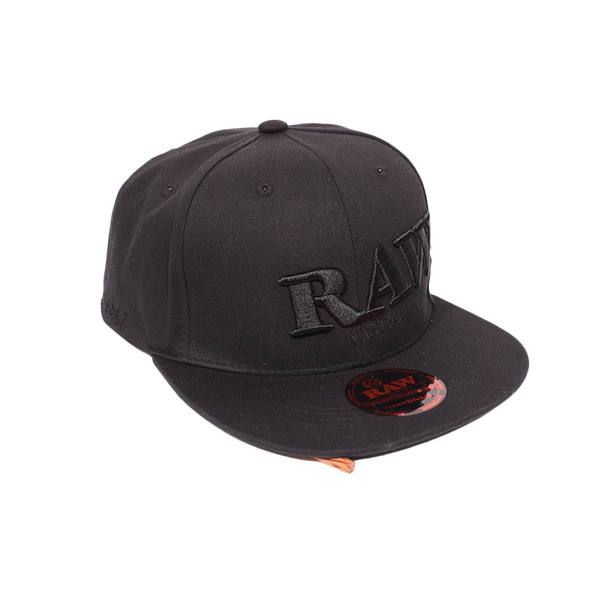 RAW FLAT BILL SNAP BACK POKER HAT - BLACK WITH BLACK LETTERING -  RAW AUTHENTIC