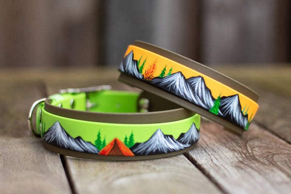 Hand painted double layered Biothane collar: Camping design