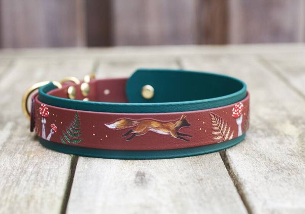 Handpainted double layered Biothane collar - Fox, ferns and mushrooms