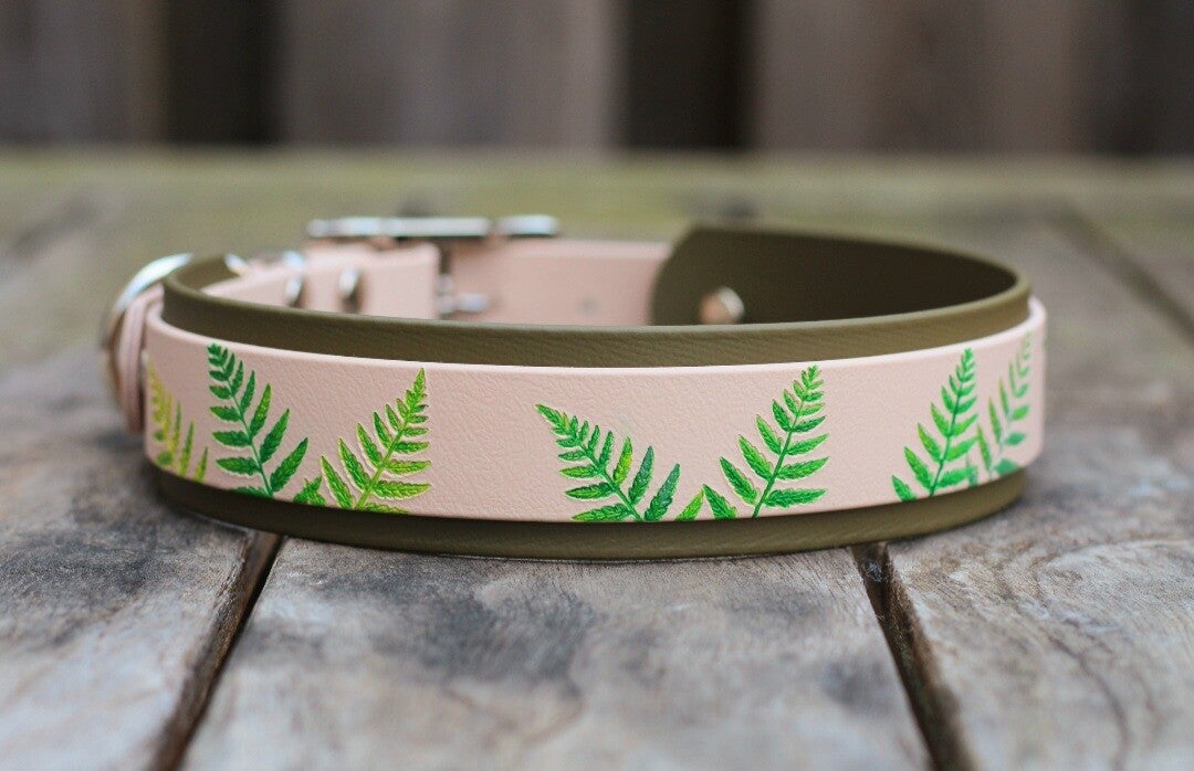 Ready to ship - 38mm wide Biothane collar with green ferns