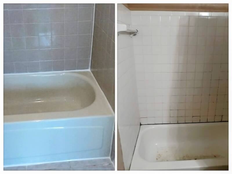 mold removal and new caulking installed on bathtub surround tile wall