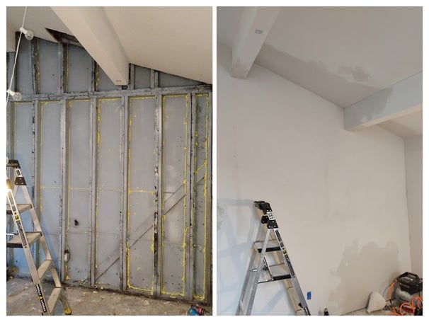 water damaged drywall repair project in living room