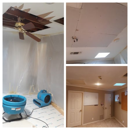 ceiling repaired after water damage tore the drywall down