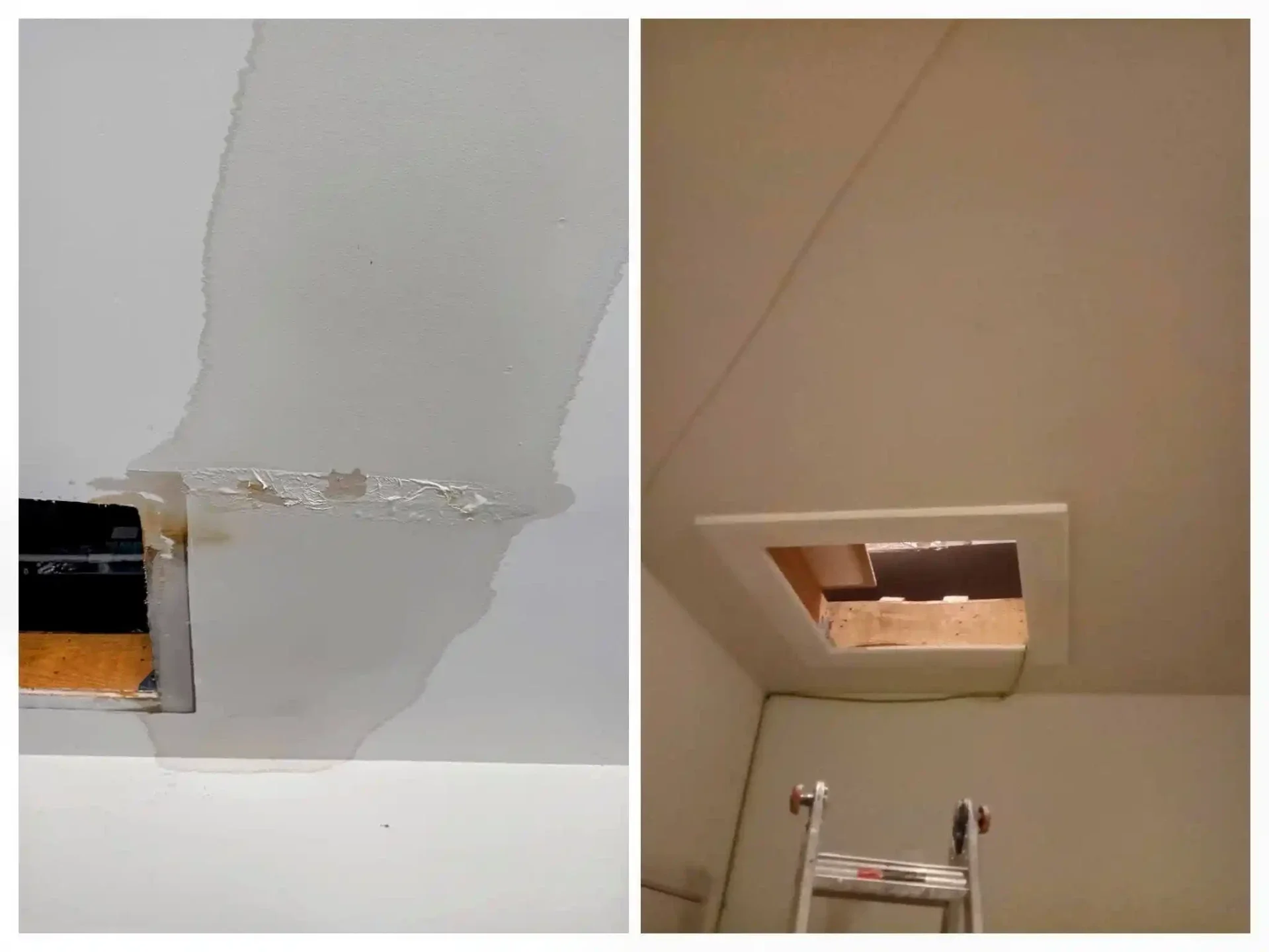 Dallas ceiling drywall repair showing damaged area opened and patched before finishing