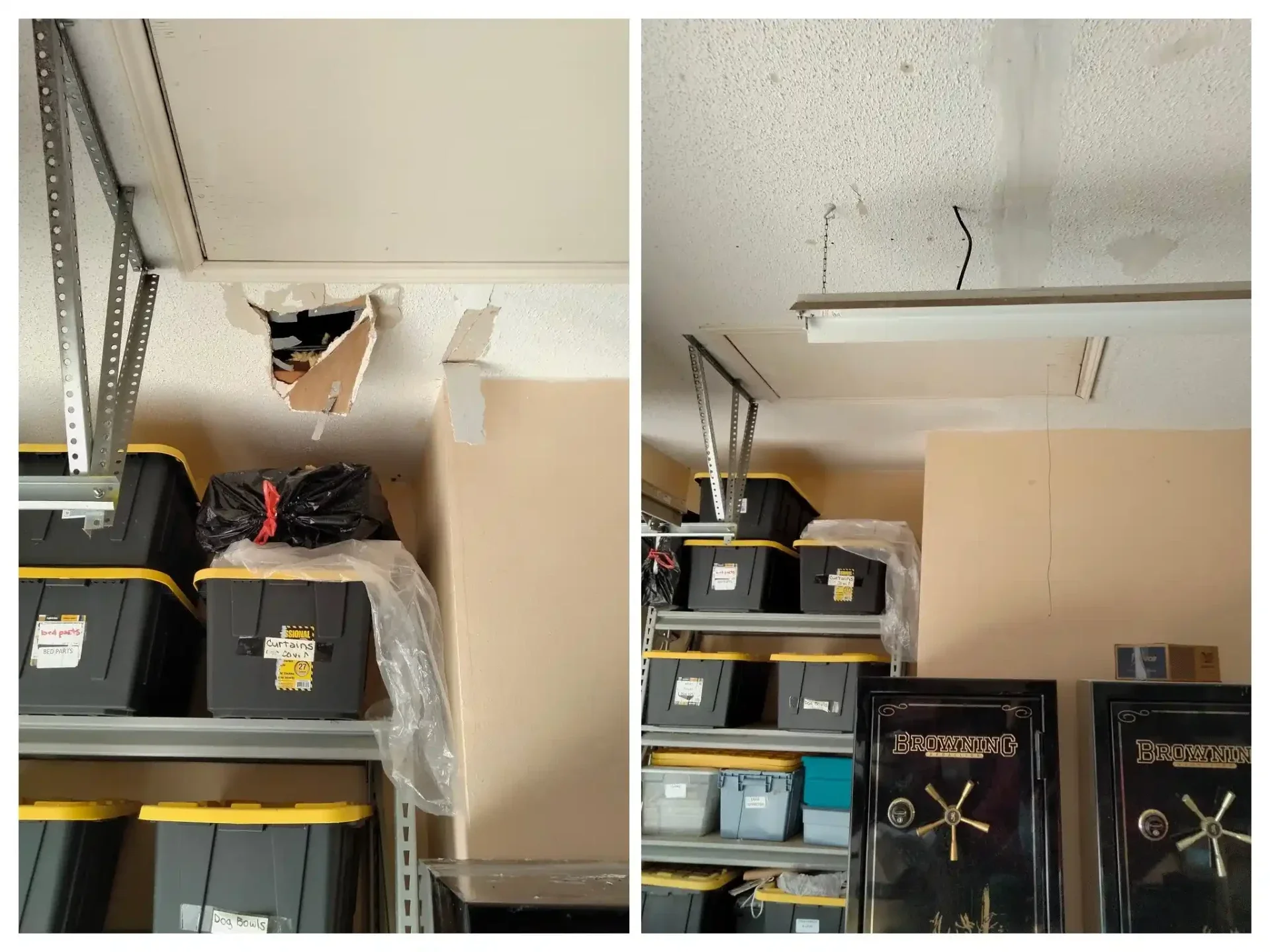  Before-and-after ceiling hole repair in a Dallas garage, showing damaged textured drywall opened near the attic access and the repaired ceiling patched, finished, and texture-matched.