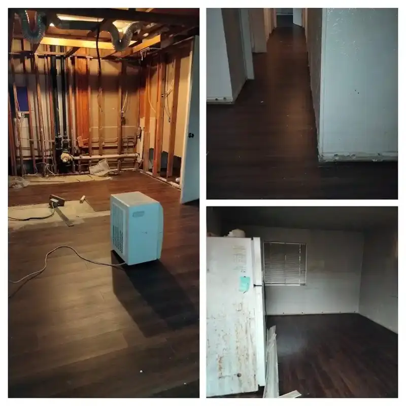 Dallas apartment interior before renovation showing exposed wall framing, worn flooring, and unfinished interior surfaces.