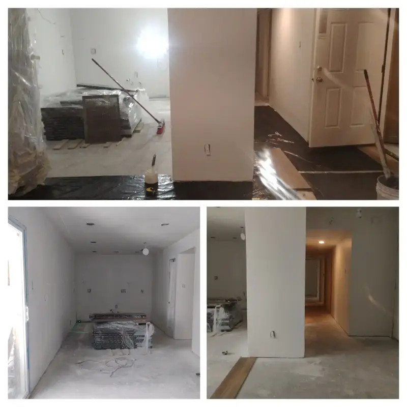 Dallas apartment renovation in progress with repaired and painted walls, flooring installation, and interior finish work underway.