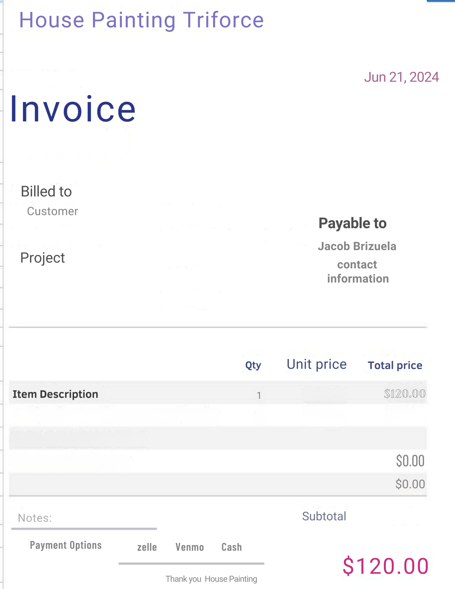 Google Sheets Painting Invoice Template