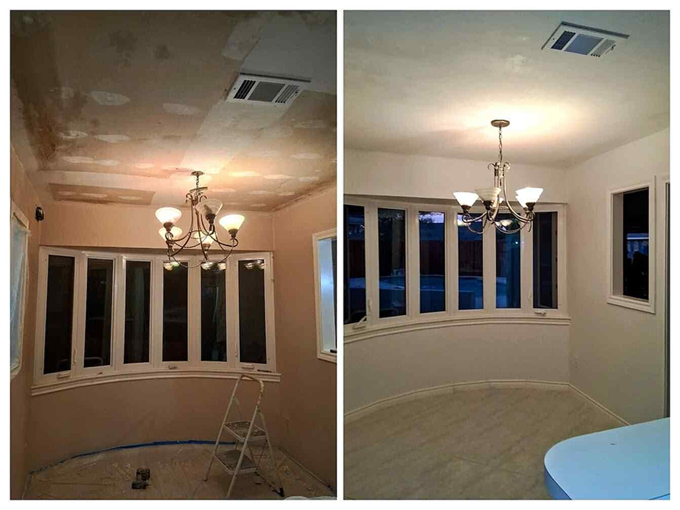 Popcorn ceilng texture removed and redone to a smooth lvl 4 finish in dining room