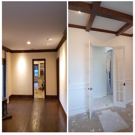 Custom wood painting solutions, stained ceiling beams. white trim or stain trim