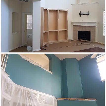 Professional house painting living room by house painting triforce, bookshelf, built in wall cabinet painting dallas