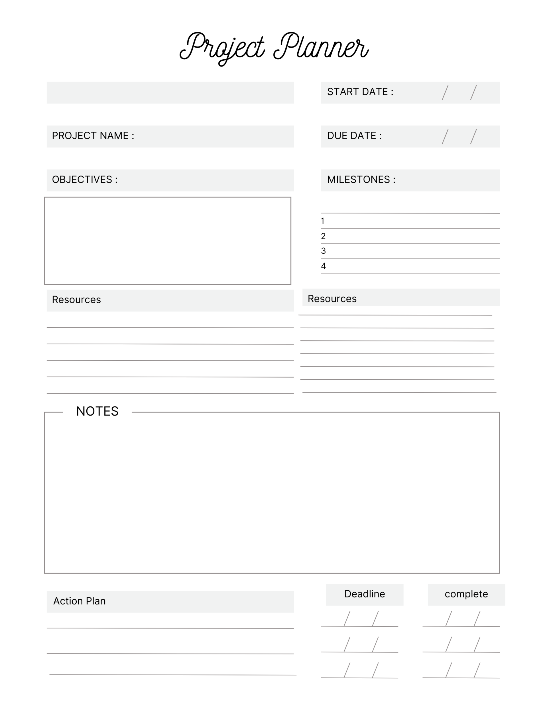 Project Planner Downloadable sheets