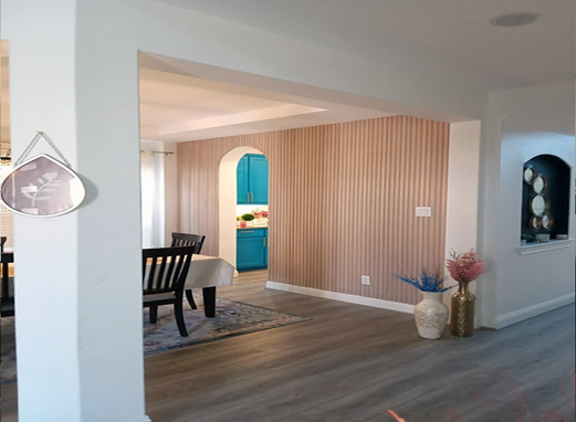 wood accent walls in kitchen family dining room